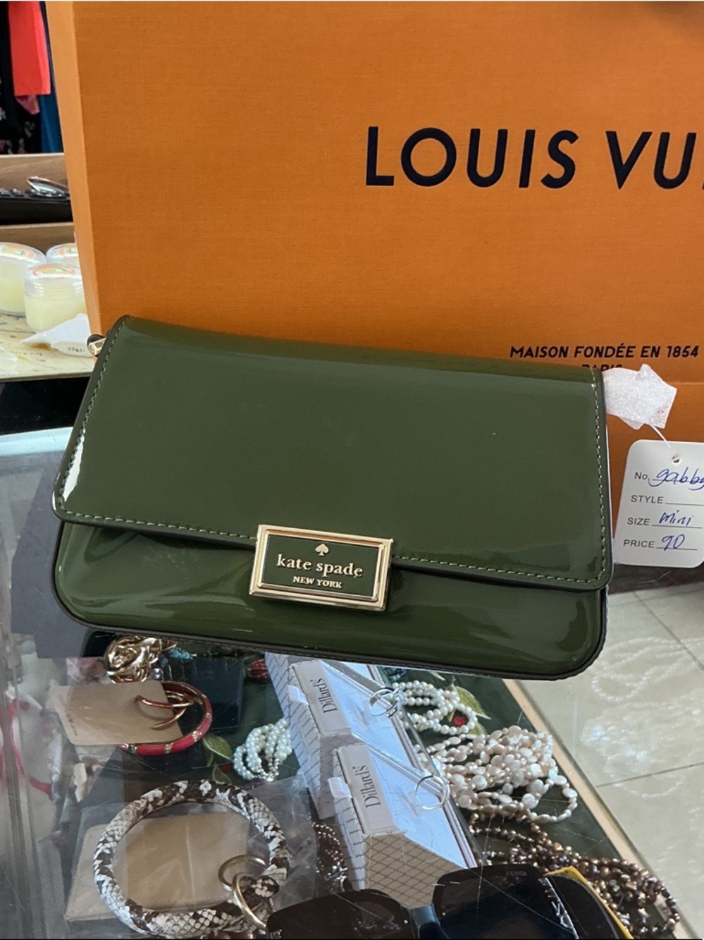 kate spade olive patent leather clutch with gold plaque